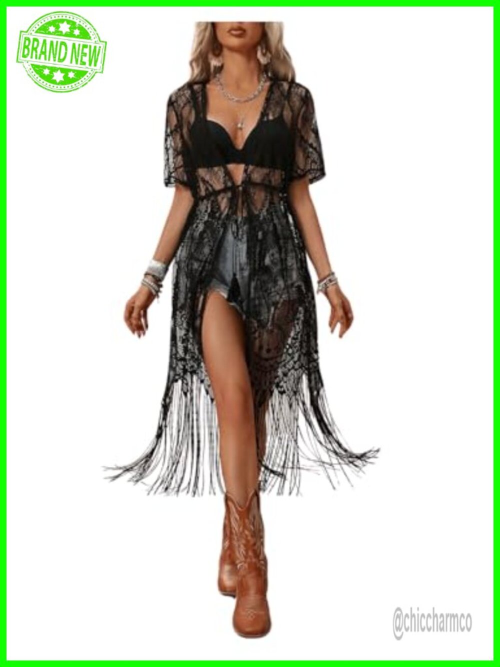Sheer Lace Kimono Coverup Fringe Tie Front Short Sleeve Women's